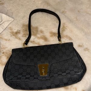 Vintage Black Monogram Gucci Shoulder Bag with Gold Accent lock